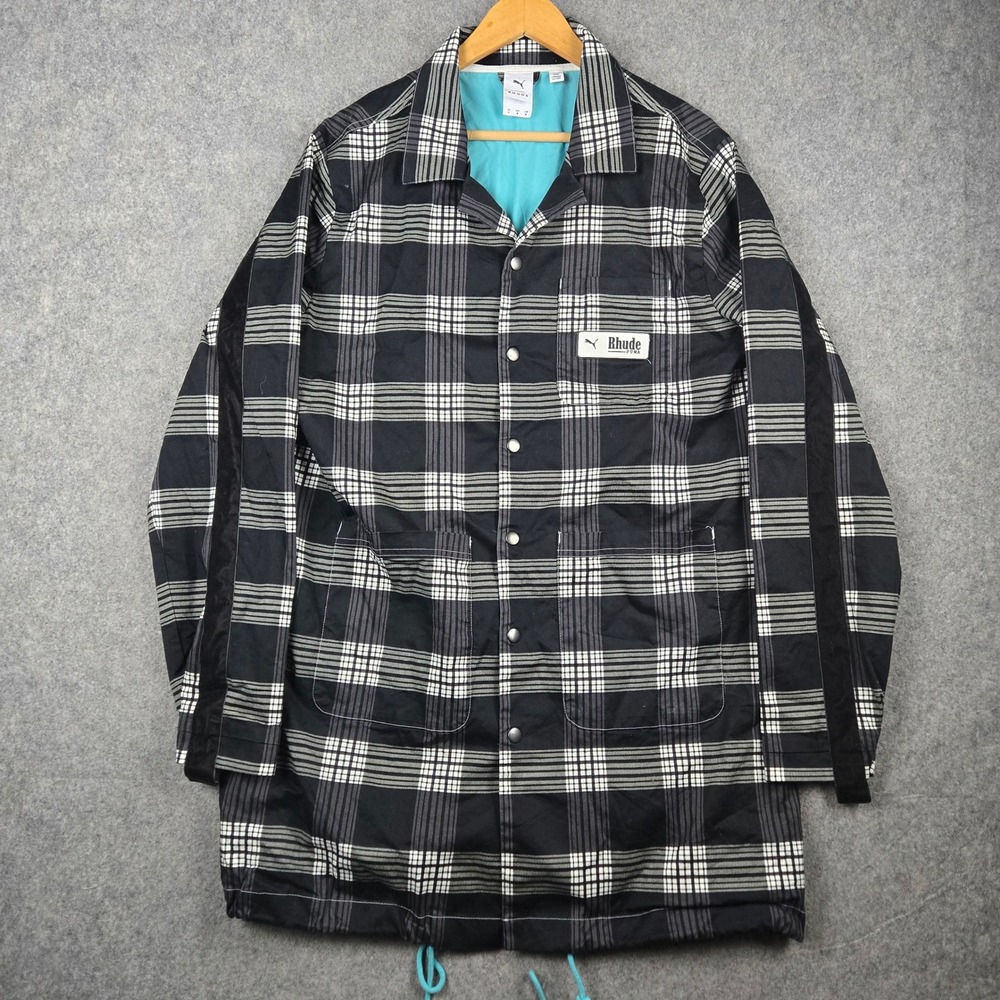 Puma Rhude Jacket Mens M Black Plaid Check Long Coach Coat Velvet Streetwear